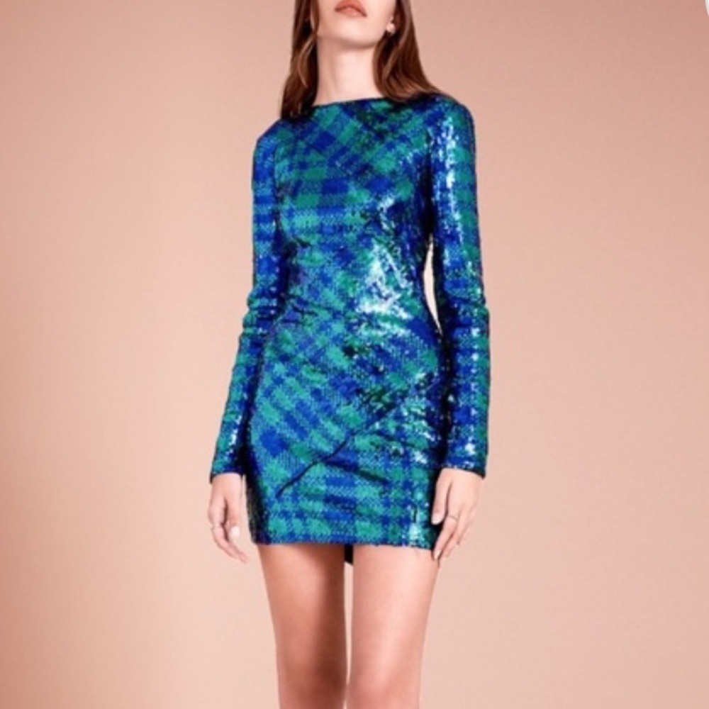 SHO Green and Blue Plaid Sequin Sheath Dress, Long Sleeve, Like New​